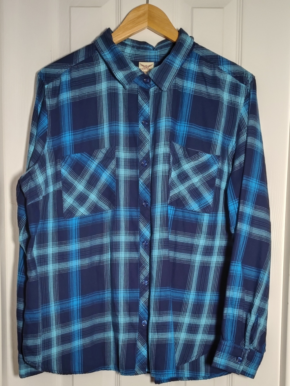 Faded Glory Navy & Teal Plaid Button-Down Shirt Womens Xl 16-18
